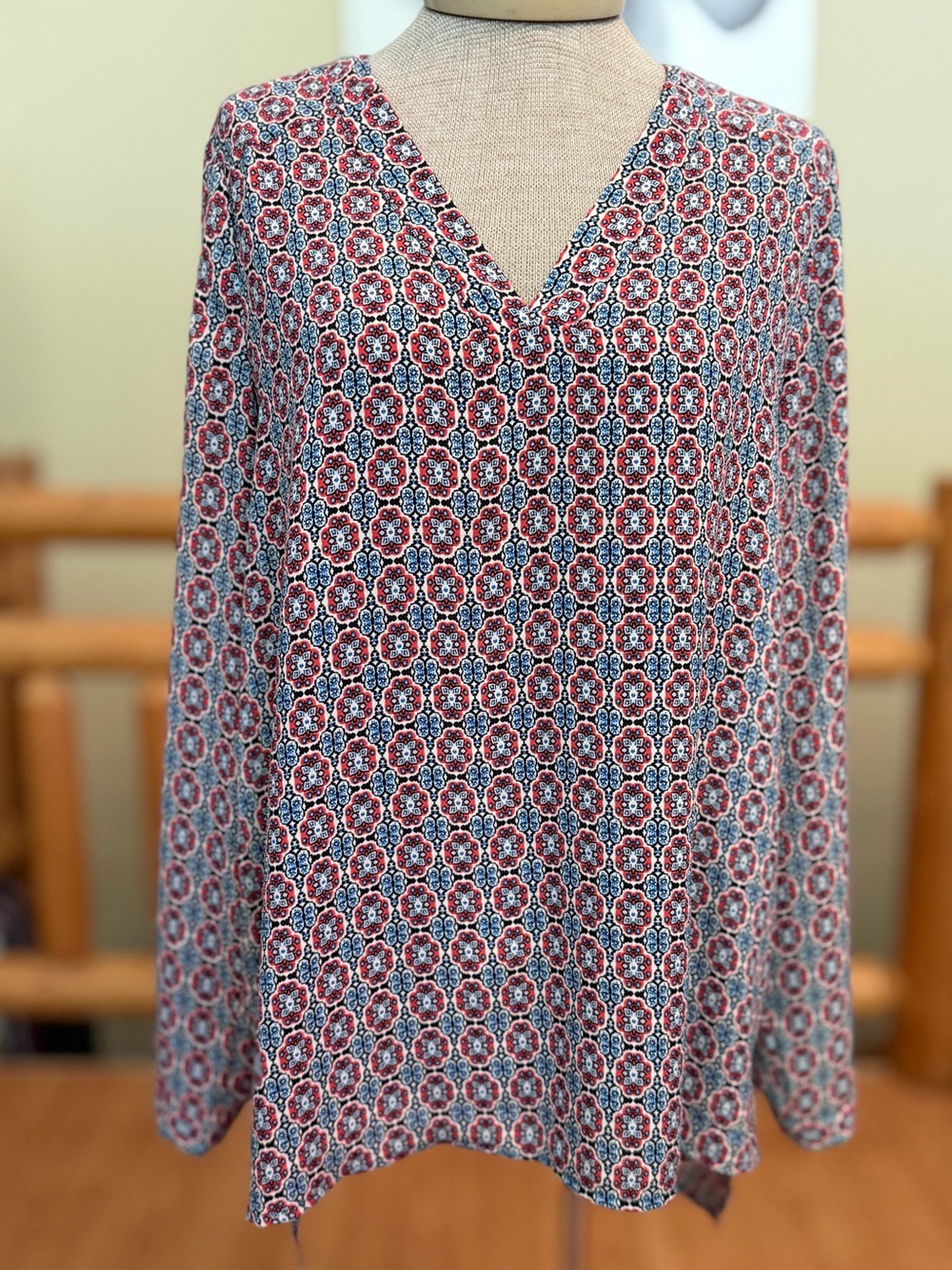 Anthropologie Patterned Boho Blouse in Red & Navy